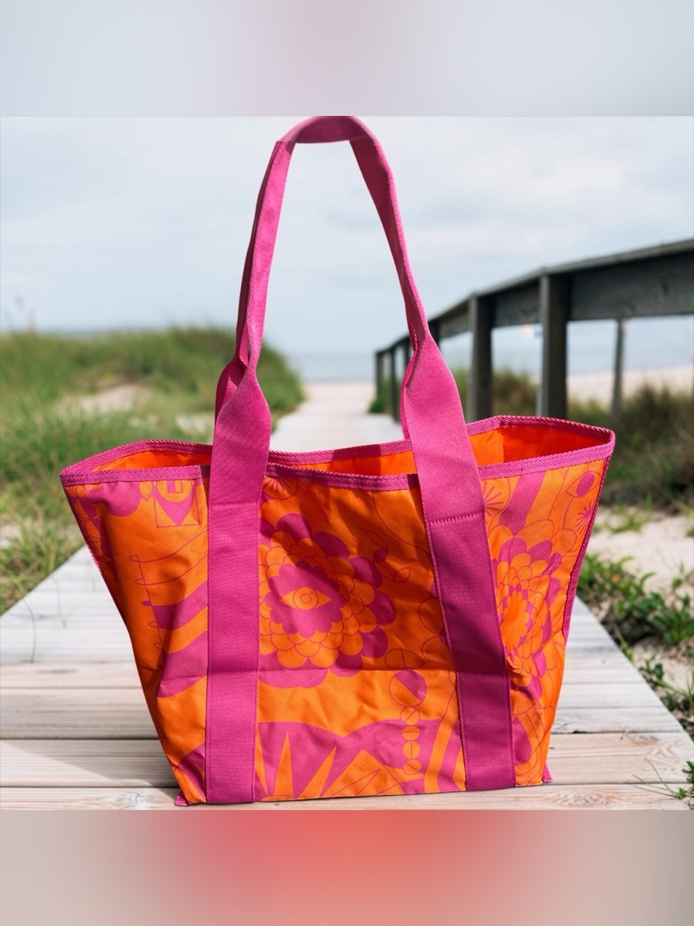 NEW Amika Signature Print Tote Bag Large Orange Pink Floral Utility Beach Travel - Picture 2 of 5